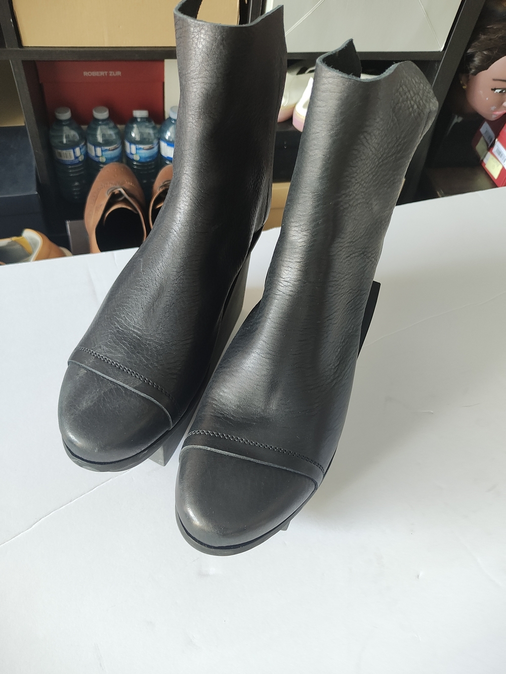 Women's Black Leather Platform Ankle Boots 40